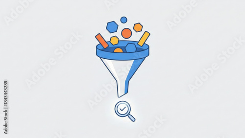 Colorful geometric shapes entering blue funnel with magnifying glass and checkmark below, symbolizing filtering and verification process