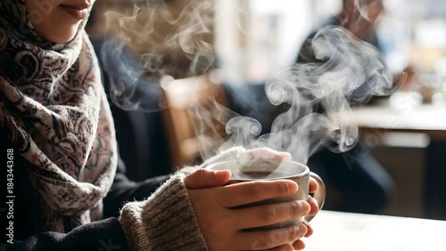 Person Holding Hot Coffee Mug in Cozy Cafe Setting.