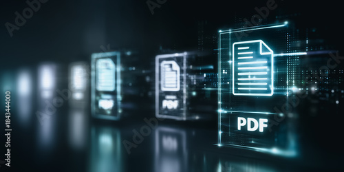 A futuristic digital composition showcases multiple glowing PDF icons, representing the essence of data, information, and communication in the digital realm.