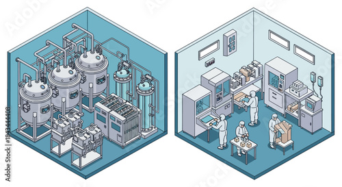 Isometric view of a pharmaceutical manufacturing facility with production and laboratory areas.