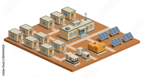 Isometric View of a Sustainable Off-Grid Community with Solar Panels and Generators.
