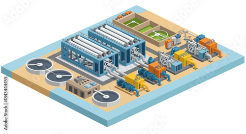 Isometric View of a Wastewater Treatment Plant Illustration.