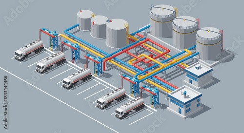 Isometric View of Fuel Depot with Tanker Trucks.