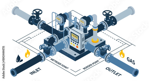 Isometric view of industrial gas and liquid flow meter system.