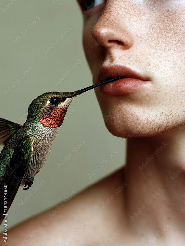 Naklejka premium Hummingbird Gently Touching Man’s Lips in Artistic Surreal Nature Portrait