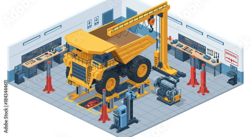 Large yellow dump truck undergoing maintenance in a repair shop.