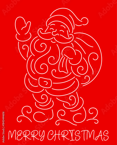 Decorative Santa Claus created with editable stroke line art on red background with Merry Christmas text, vector design, santa, christmas, lineart, editable, vector, holidays