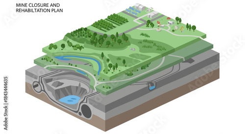 Mine closure and rehabilitation plan showing environmental restoration process.