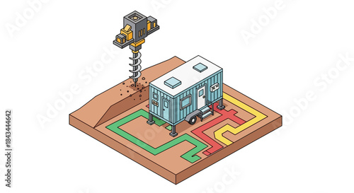 Mobile drilling rig and trailer on construction site.