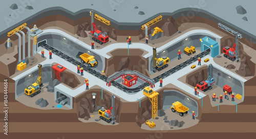 Mining operation with various vehicles and equipment underground.