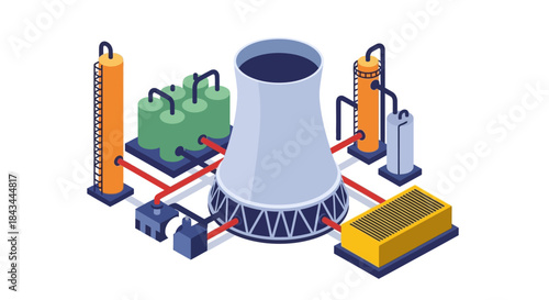 Nuclear power plant illustration showing energy generation and infrastructure.