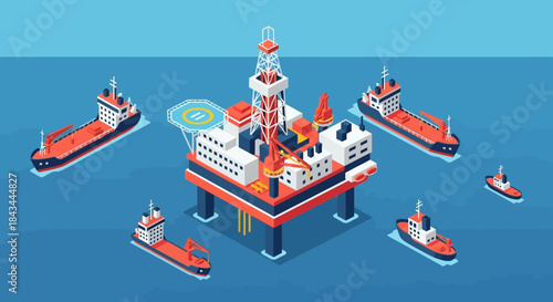Offshore oil rig surrounded by supply ships in the ocean.