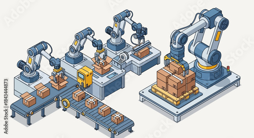 Robotic arms automate packaging process on factory assembly line.