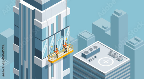 Two professional window washers cleaning a modern glass skyscraper.