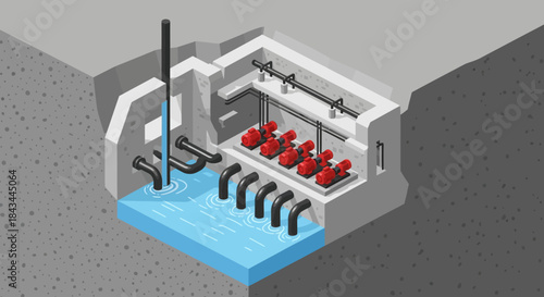 Underground Water Pumping Station with Multiple Red Pumps and Blue Water.