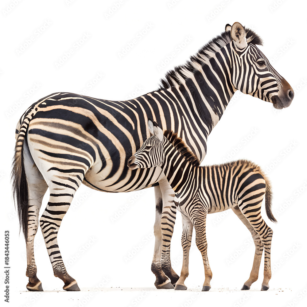 Fototapeta premium Female Zebra with Baby, Adult and Juvenile Zebra Walking and Nursing Isolated on White Background. beautiful black and white zebra.
