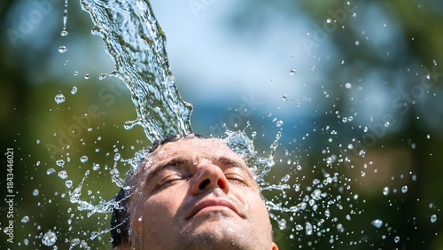 Refreshing Water Splash on Man Outdoors.