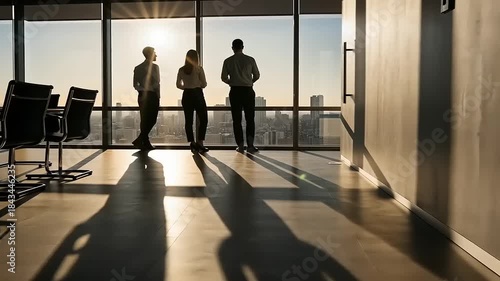 Silhouettes of a Business Team Looking Out a Modern Office Window at Sunrise.