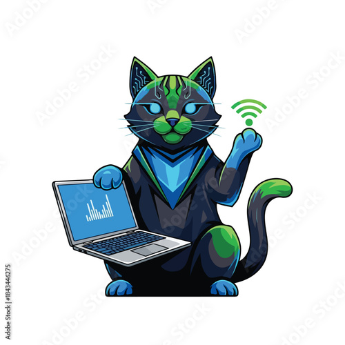 Cartoon wolf mascot holding ice cream cone and waving, dressed in apron and chef hat, smiling friendly face.