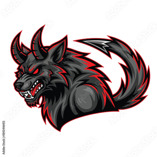 Cartoon wolf in martial arts uniform kicking with red belt and yellow accents on black gi.