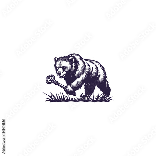 Vintage grizzly bear walking through grass while carrying an antique skeleton key in its paw, woodcut engraving style