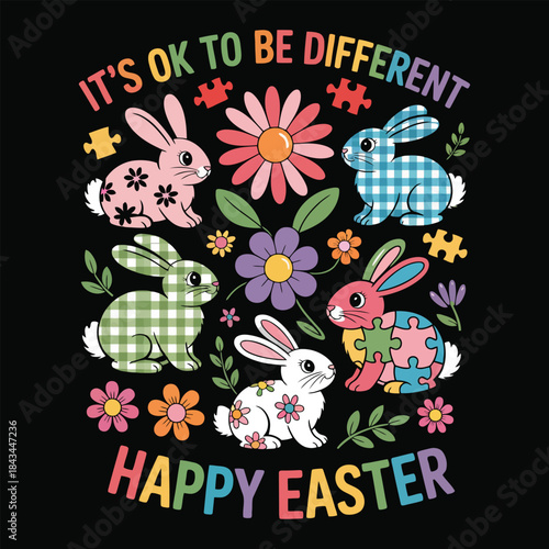 Colorful Easter bunnies celebrate individuality and diversity on black