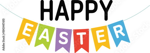 Vibrant Happy Easter banner with colorful flags and string