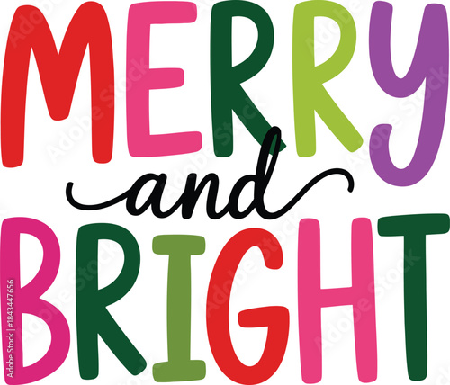 Vibrant Merry and Bright holiday greeting with colorful letters