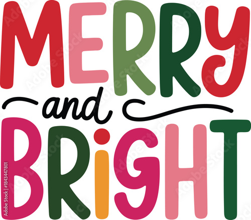 Vibrant Merry and Bright holiday greeting with colorful letters