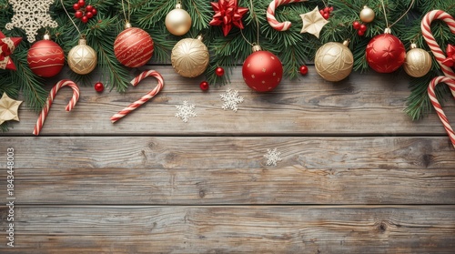 Wooden ornaments, candy canes, holiday toys, and evergreen sprigs arranged in a joyful Christmas flat lay highlighting bright color, festive spirit, and seasonal energy. Generative AI