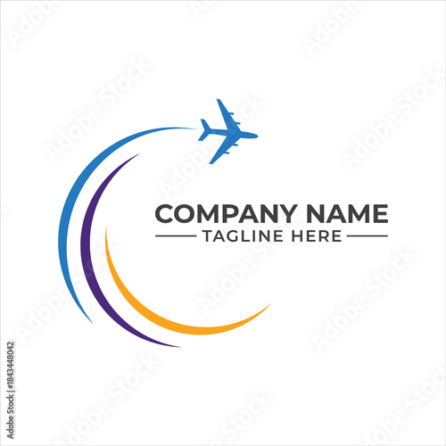 Modern travel agency logo concept with an aircraft silhouette and stylized circular elements