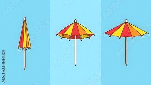 Colorful Beach Umbrellas Set for Summer Vacation.