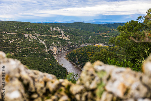 Ardèche Gorges in autumn from the limestone plateau near Aiguèze