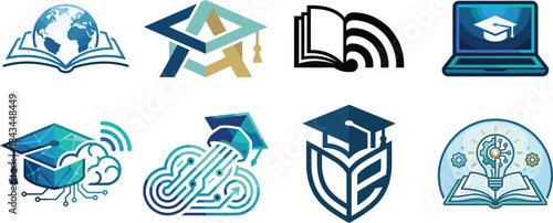 Online education and e learning icon set featuring graduation cloud technology global knowledge digital learning symbols vector design