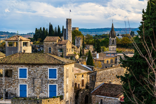 Medieval village of Aiguèze along the Ardèche River in autumn seen from the cliffs