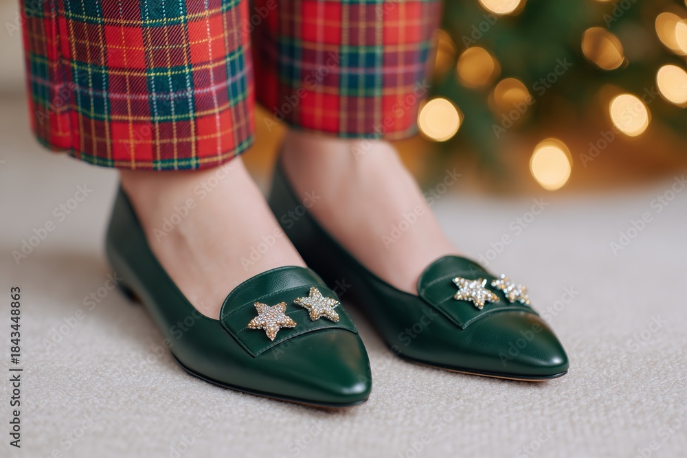 Naklejka premium Detail of Dark Green Leather Flats with Holiday Brooches and Tartan Pants