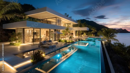 Beautiful modern villa with pool overlooking the ocean at sunset on a tropical island in a serene setting with palm trees