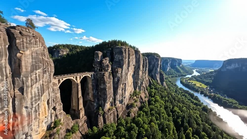 Aerial View of Bastei Bridge and Elbe River, Saxon Switzerland National Park