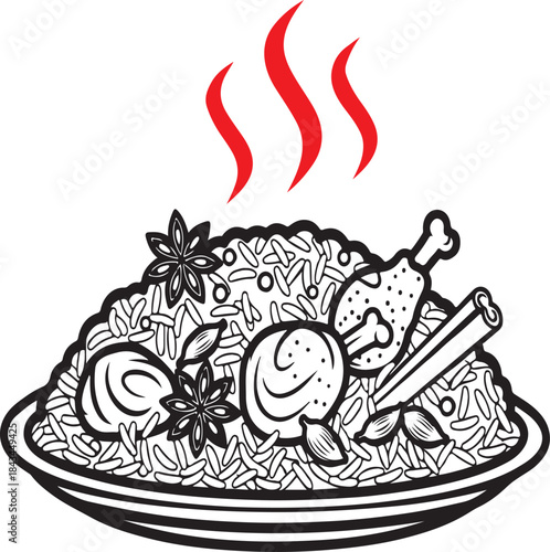 Biryani Vector Illustration on White Background – No Color Unique Line Art Biryani Design, Editable Food Vector for Commercial Use, Branding, Restaurant Logo, Packaging, Menu Design and Marketing Proj