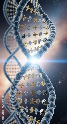 Dna helix with religious symbols represents the intersection of science and faith.