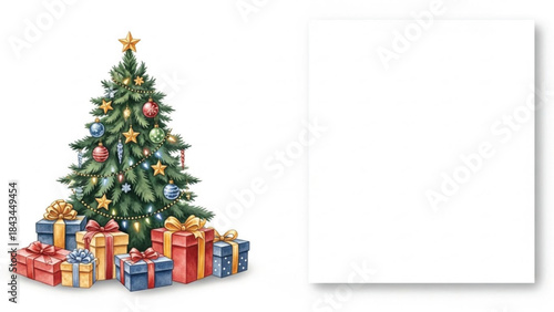 Watercolor Christmas Tree with Gifts and Blank Holiday Card Copy Space Design