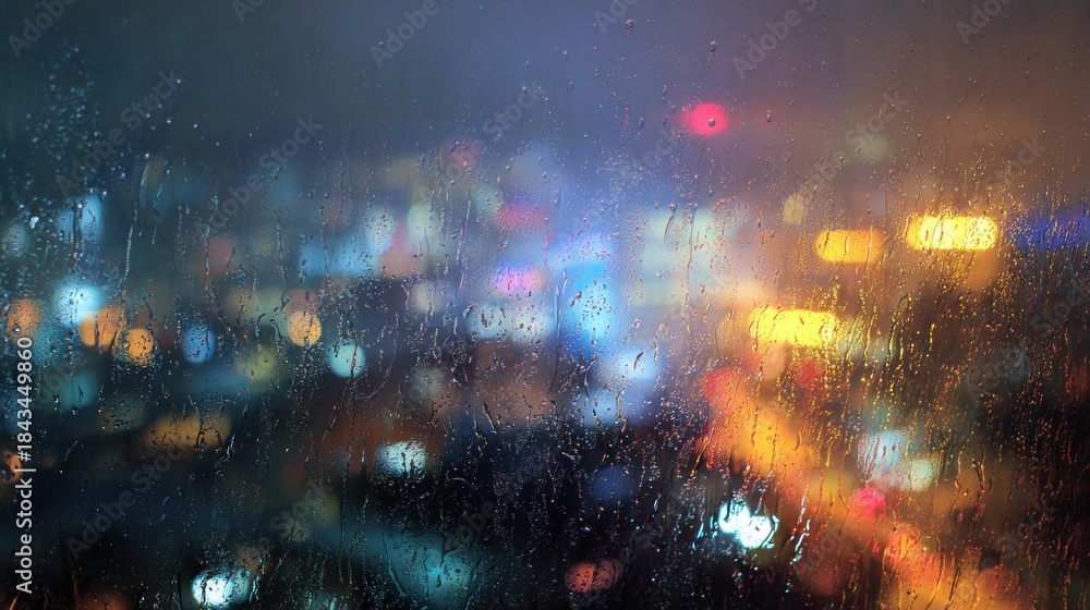 Obraz premium Rainy night city lights through window