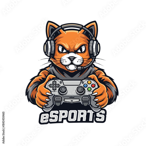 Cartoon gray wolf running with orange flames, aggressive expression, dynamic illustration