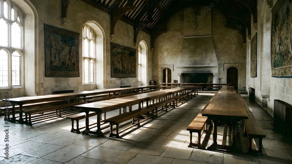 Fototapeta premium Historic Classroom Interior with Wooden Benches and Large Windows.