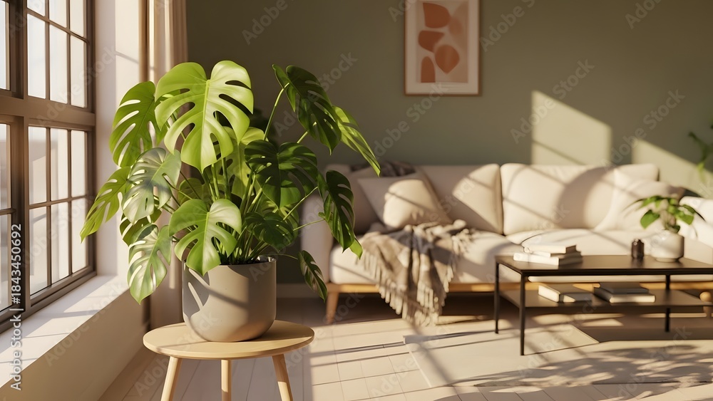 Fototapeta premium Minimal Living Area with Large Potted House Plant Creating a Relaxed and Welcoming Apartment Corner