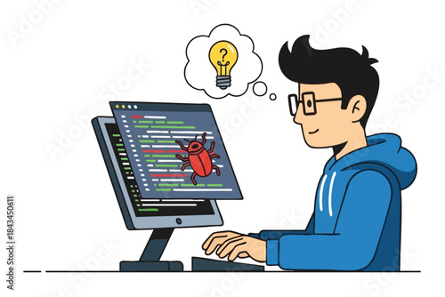 A person at a computer looks at code with a bug, thinking of a lightbulb