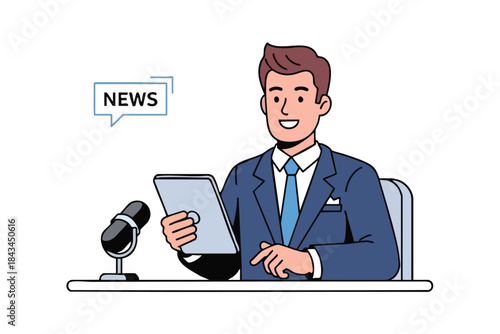 A smiling news anchor in a blue suit holds a tablet and speaks into a mic