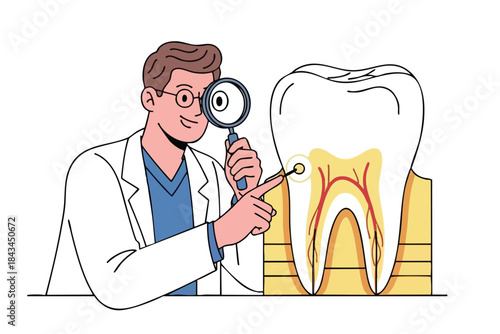 A dentist examines a tooth with a magnifying glass, pointing at a potential issue