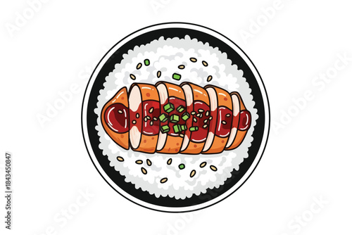 A plate of sushi with rice, orange rolls, red sauce, and green garnish