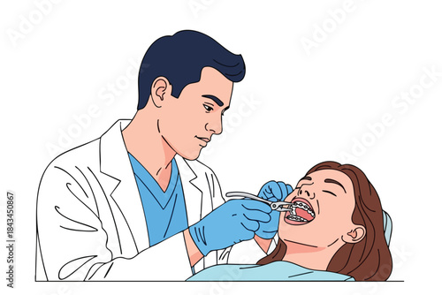 Illustration of a dentist treating a patient with braces
